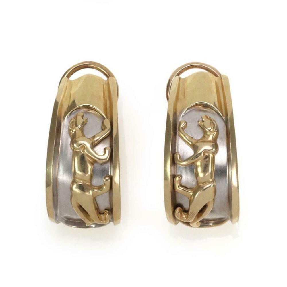 14k Two Tone Gold Panther Oval Huggie Earrings